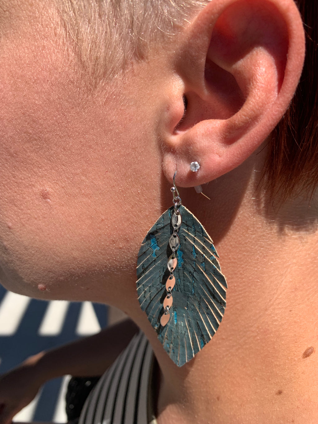 Teal & Gray Leather Earrings